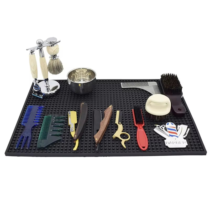 Barber Station Mat Cushion Non-Slip Black Pad Hairdress Organizer for Clippers Scissors Trimmers Brushes Storage Tool